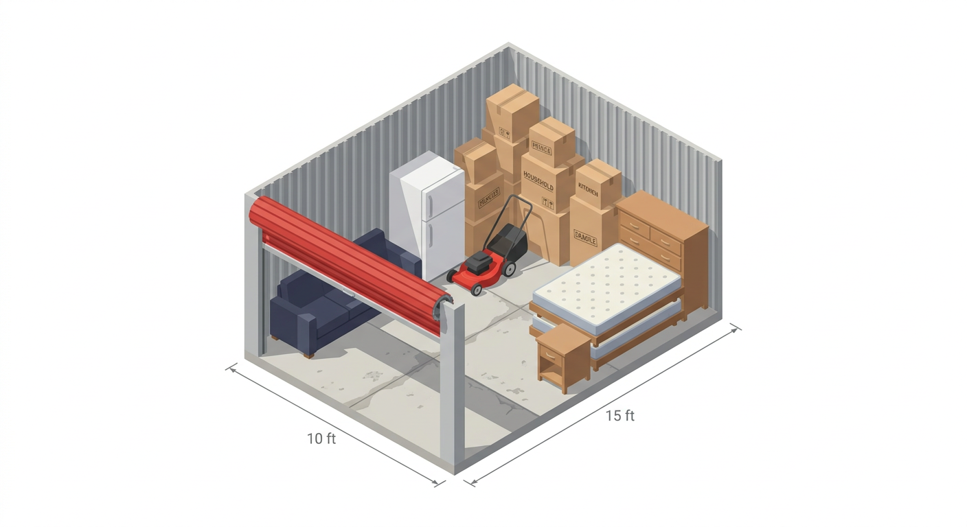 Illustration of a 10' x 15' storage unit packed with two bedroom sets