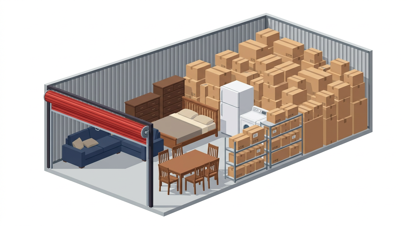 Illustration of a 10' x 20' storage unit packed with furniture from several rooms