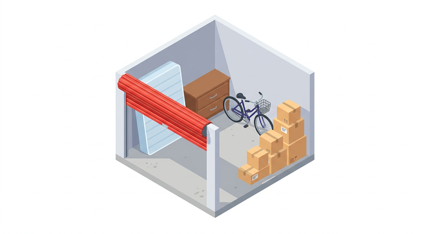 Illustration of a 5' x 10' storage unit packed with mattress set and dresser